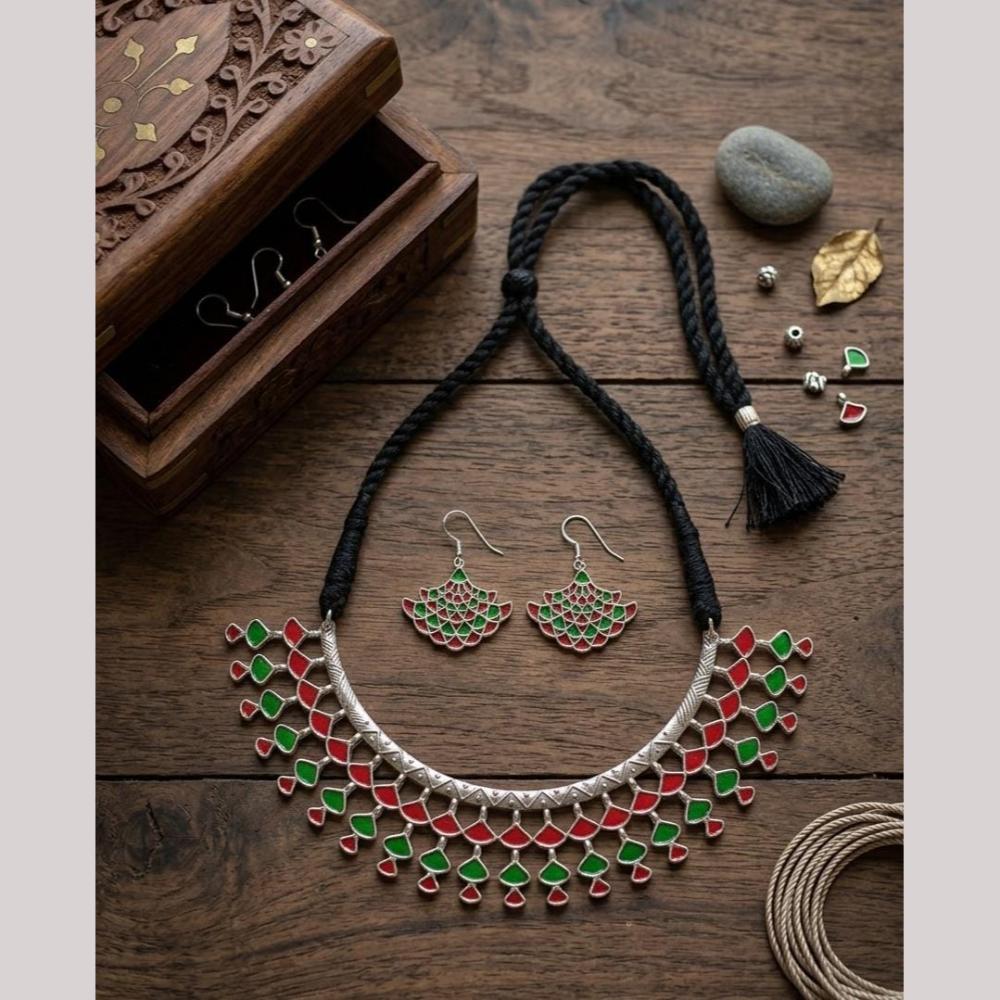FS Collection Vintage Oxidised Plated Pota Stone Necklace Set for Women & Girls