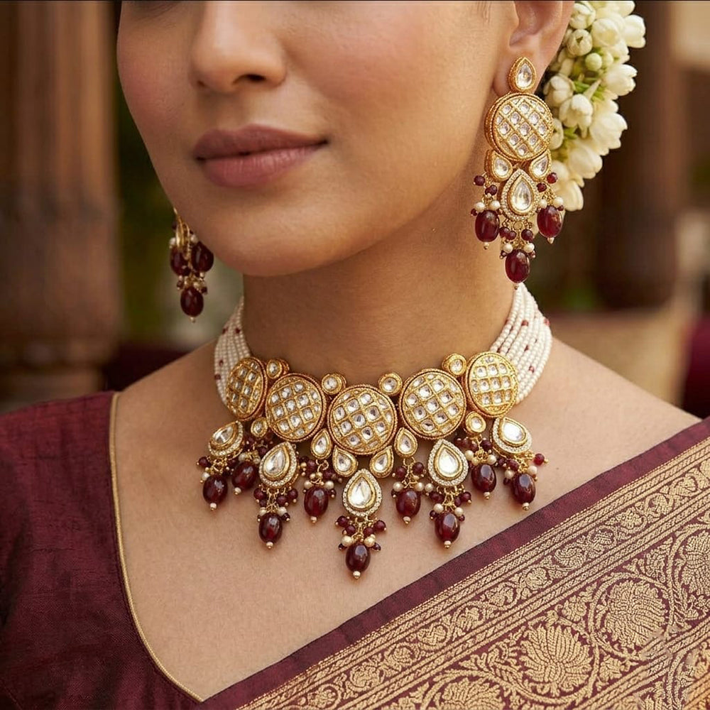 FS Collection Classic Kundan Stone And Beaded Choker Necklace Set
