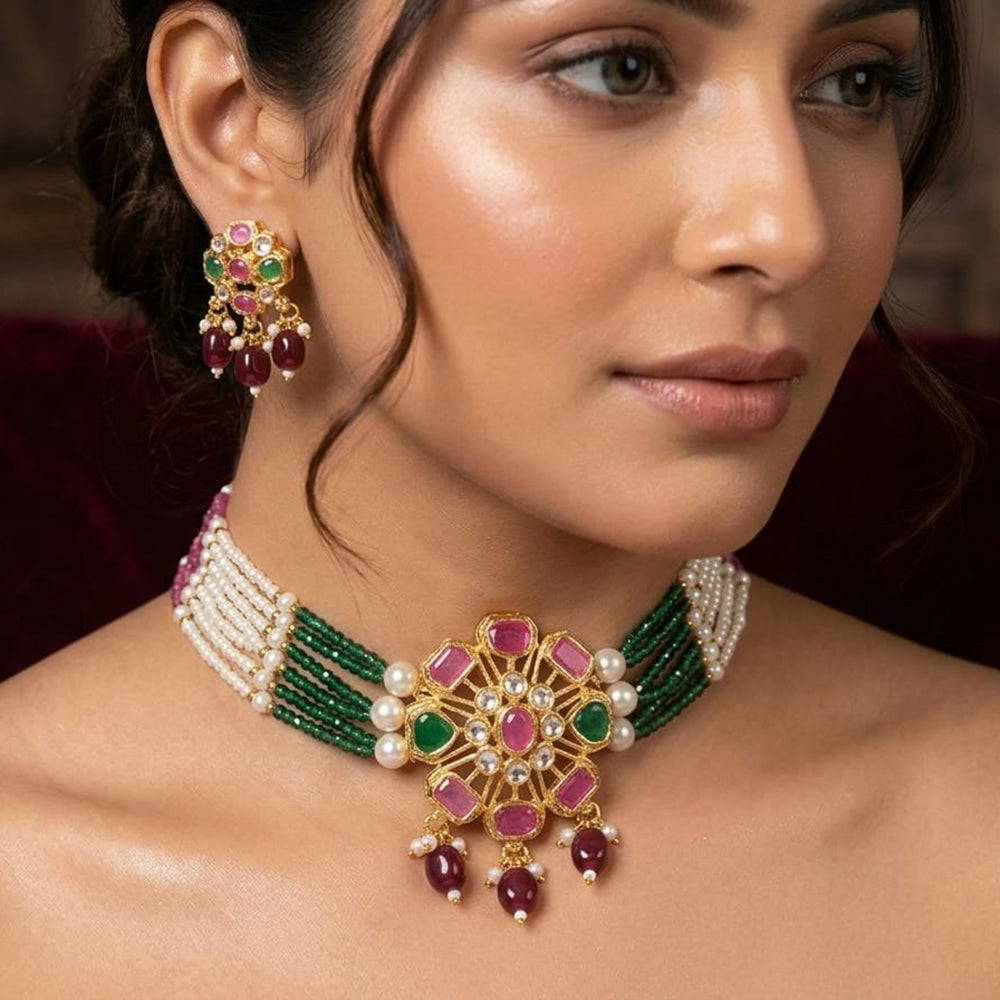 FS Collection Classic Pota Stone And Beaded Choker Necklace Set