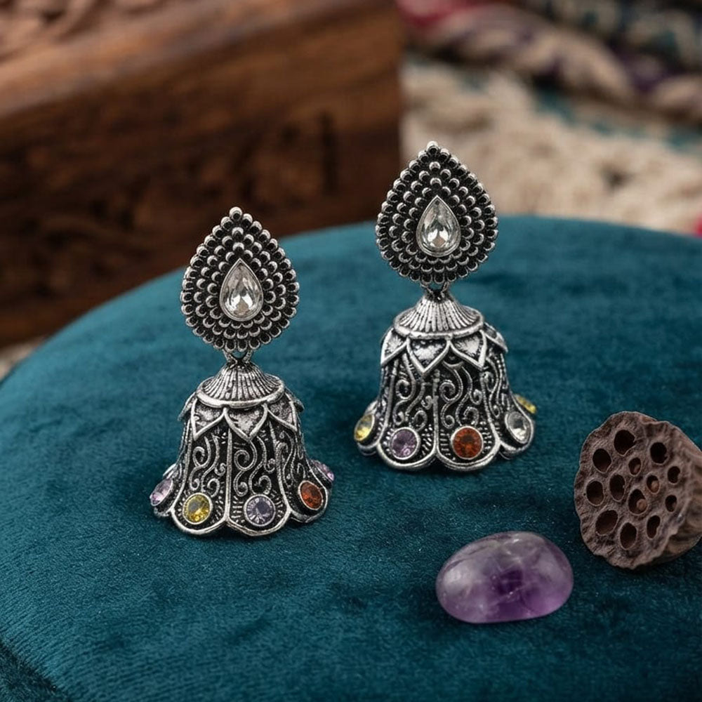 FS Collection Ethnic Oxidised Pota Stone Jhumki Earrings