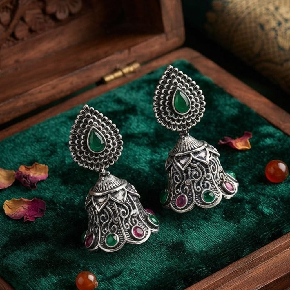 FS Collection Ethnic Oxidised Pota Stone Jhumki Earrings