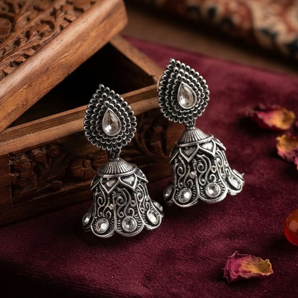 FS Collection Ethnic Oxidised Pota Stone Jhumki Earrings