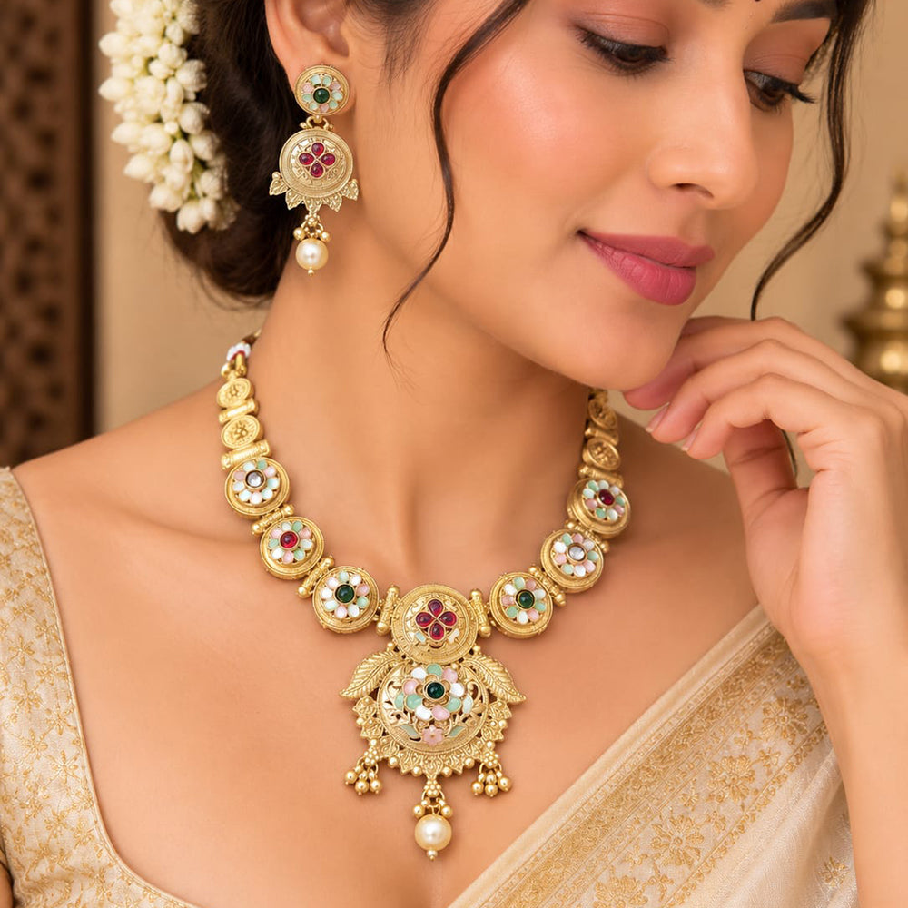 FS Collection Elegant Pota Stone Pearl And Beads Meenakari Necklace Set