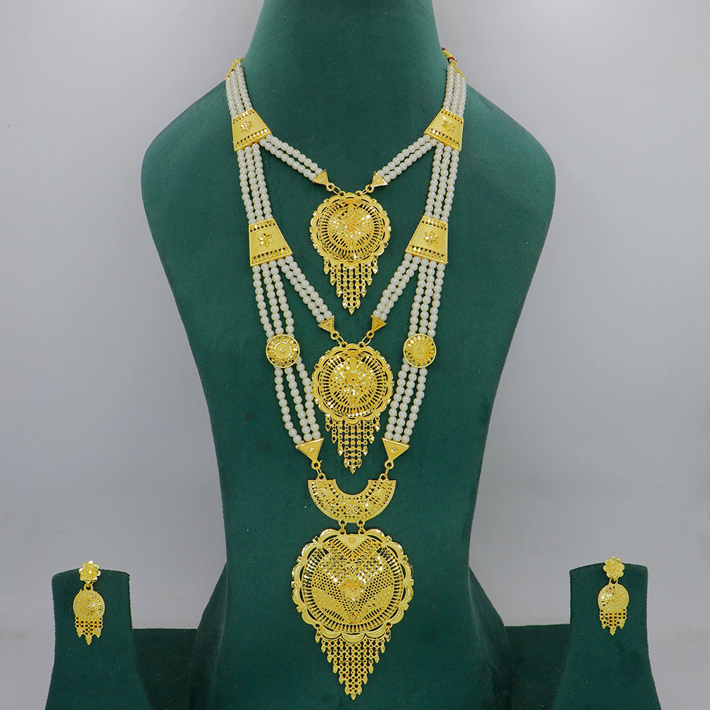Mahavir Dye Gold Plated Multi Layer Pearl Long Necklace Set