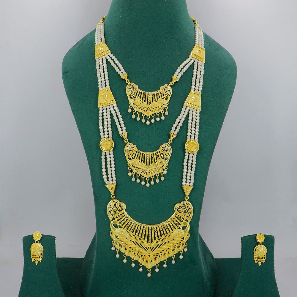 Mahavir Dye Gold Plated Multi Layer Pearl Long Necklace Set