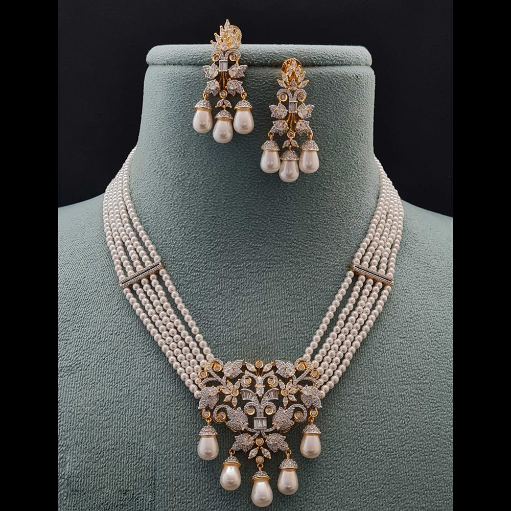Vivah Creations 2 Tone Plated American Diamond And Pearls Necklace Set