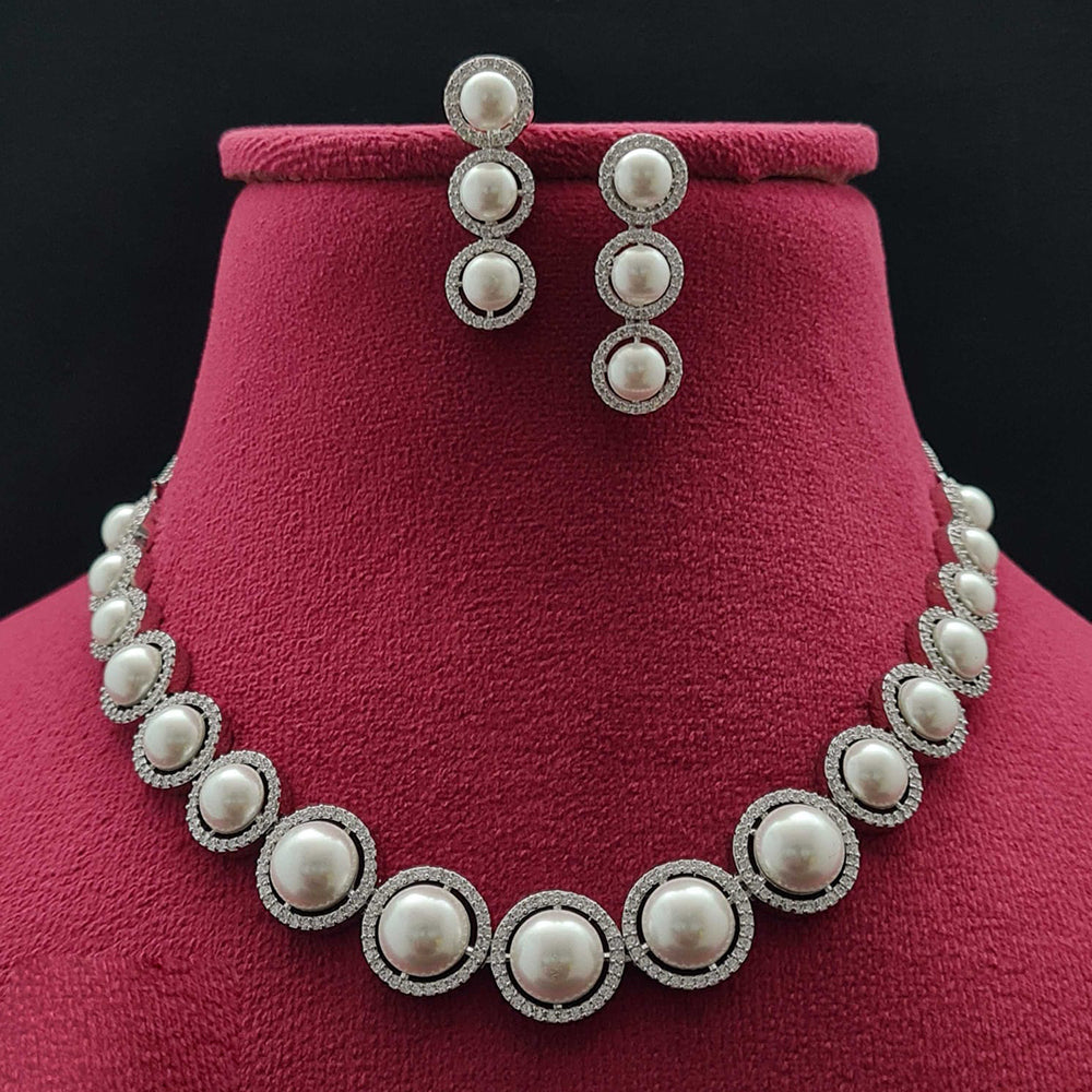 Vivah Creations Silver Plated American Diamond And Pearl Necklace Set