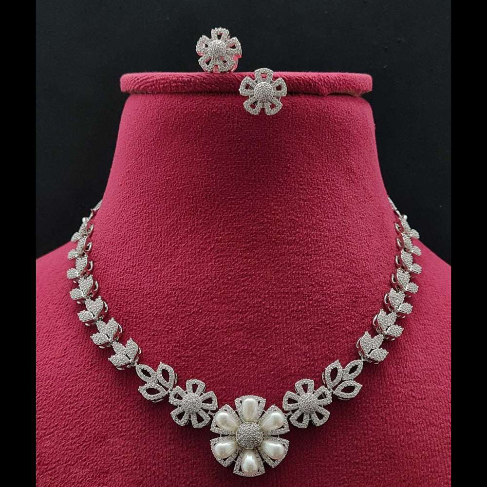 Vivah Creations Silver Plated American Diamond And Pearl Necklace Set