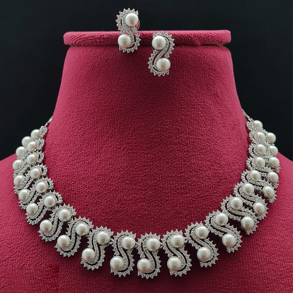 Vivah Creations Silver Plated American Diamond And Pearl Necklace Set