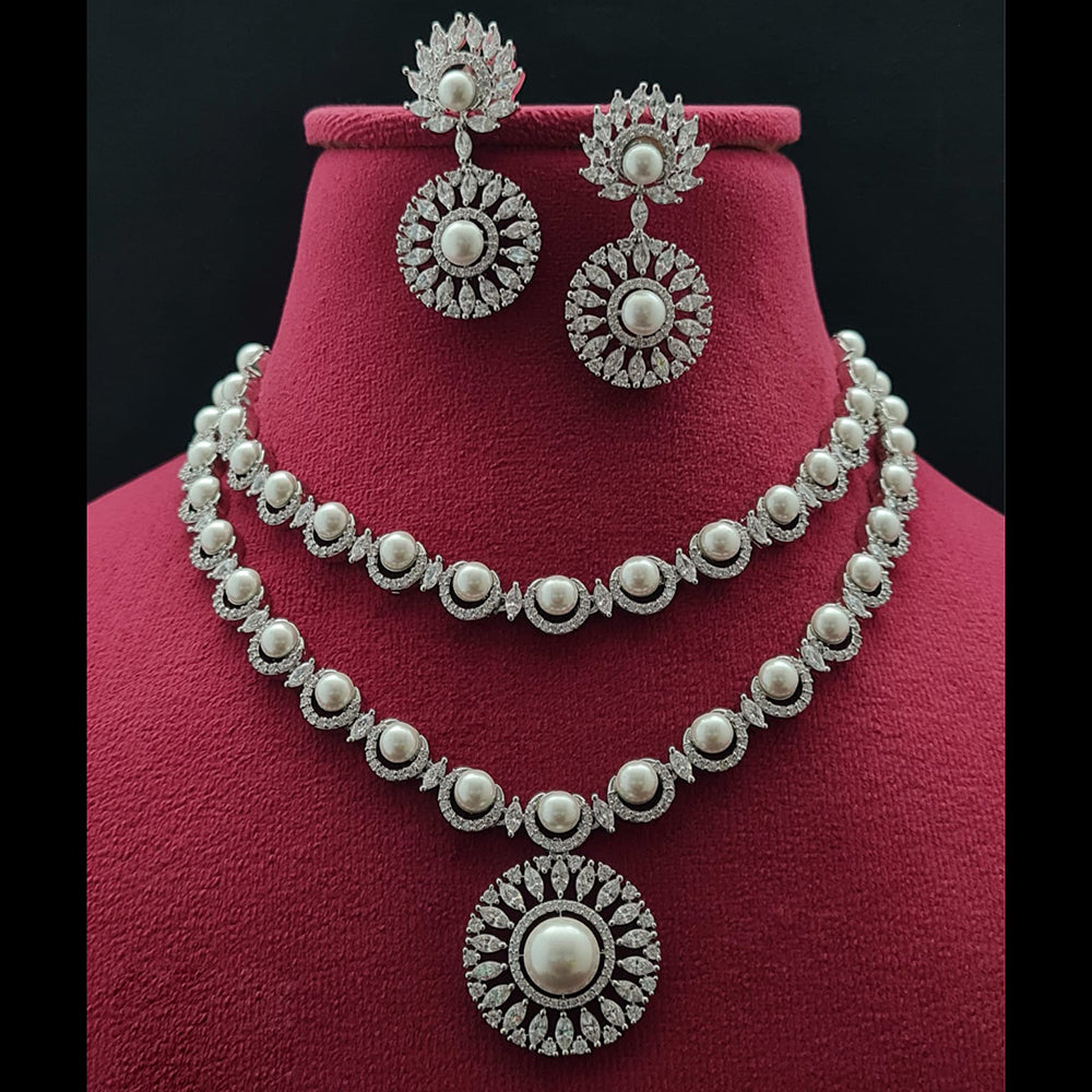 Vivah Creations Silver Plated American Diamond And Pearl Necklace Set