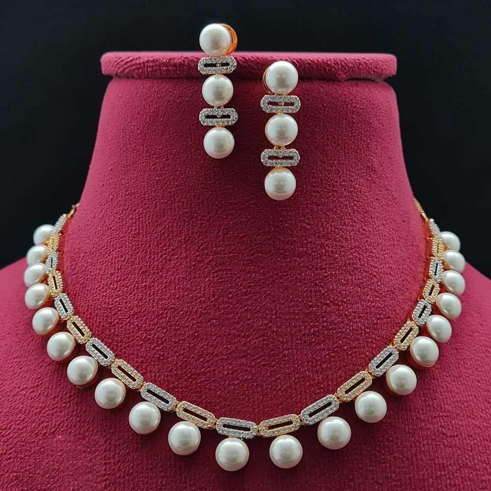 Vivah Creations 2 Tone Plated American Diamond And Pearl Necklace Set