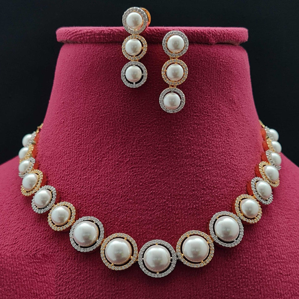 Vivah Creations 2 Tone Plated American Diamond And Pearl Necklace Set