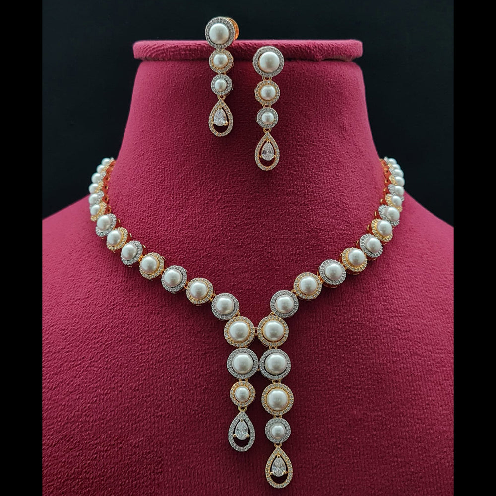 Vivah Creations 2 Tone Plated American Diamond And Pearl Necklace Set