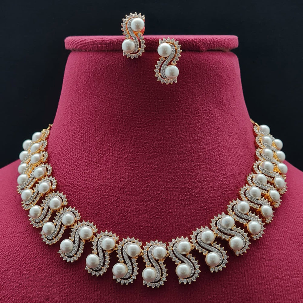 Vivah Creations 2 Tone Plated American Diamond And Pearl Necklace Set