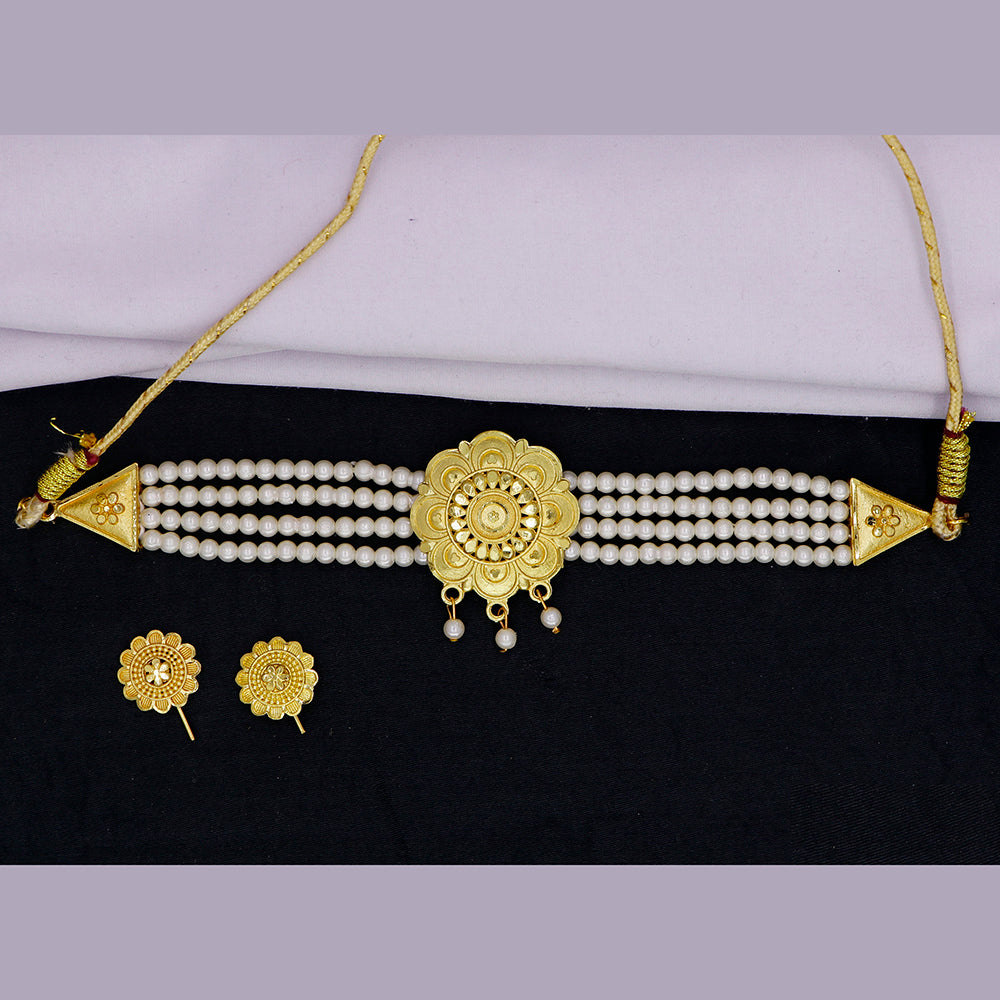 Mahavir Gold Plated Pearl Choker Necklace Set