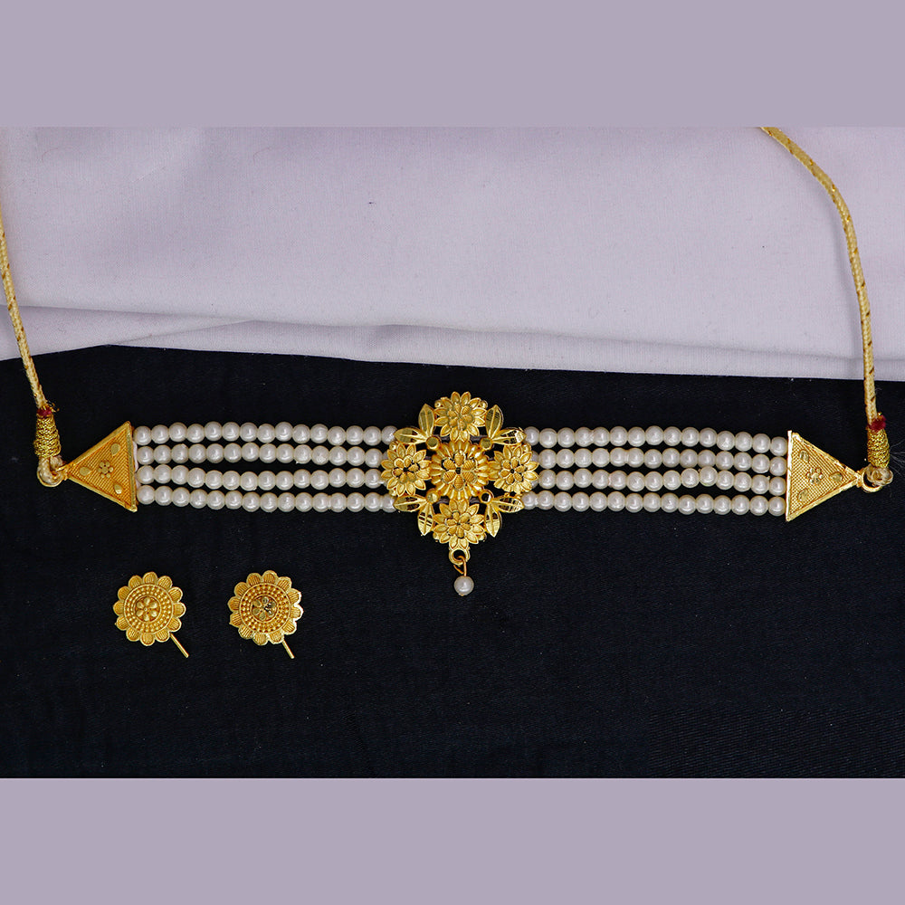 Mahavir Gold Plated Pearl Choker Necklace Set
