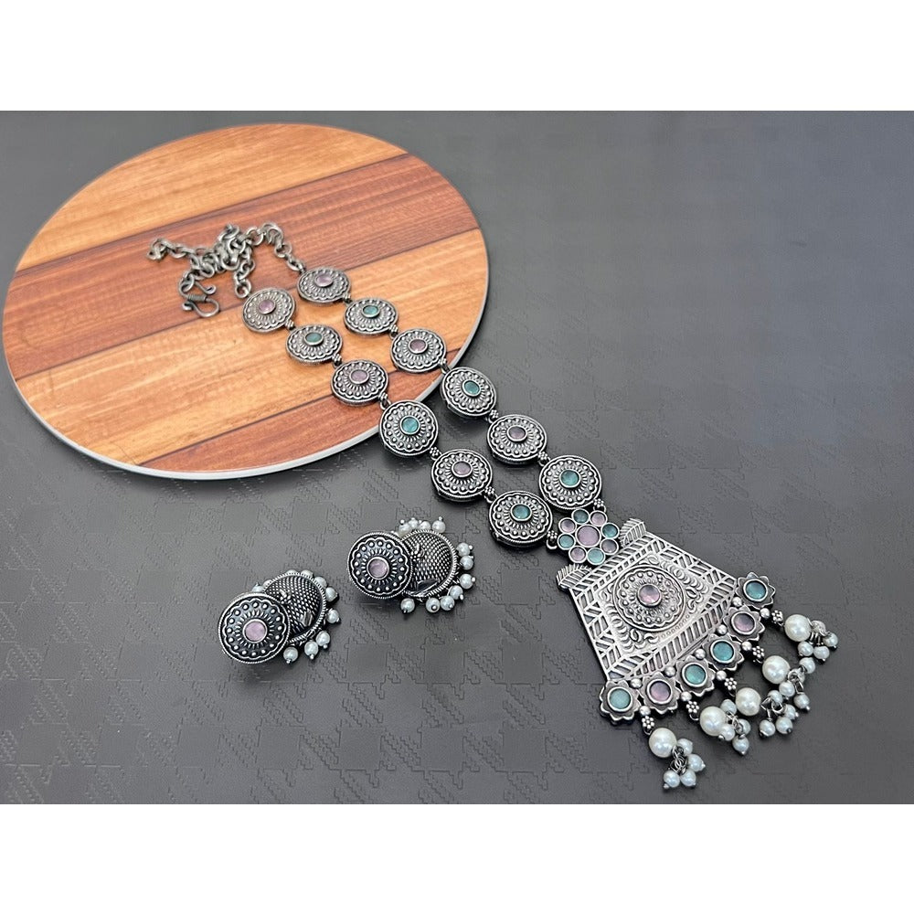 Akruti Collection Oxidised Plated Pota Stone Long Necklace Set