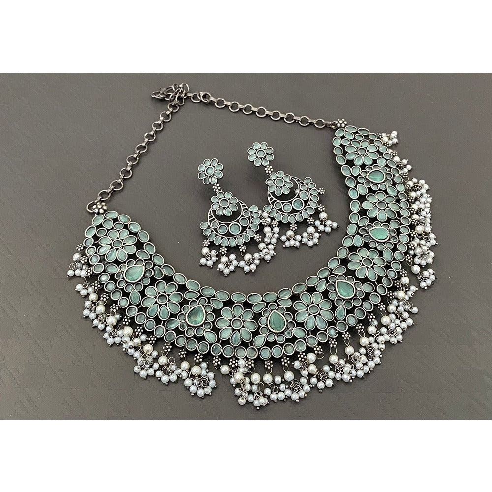 Akruti Collection Oxidised Plated Pota Stone Necklace Set