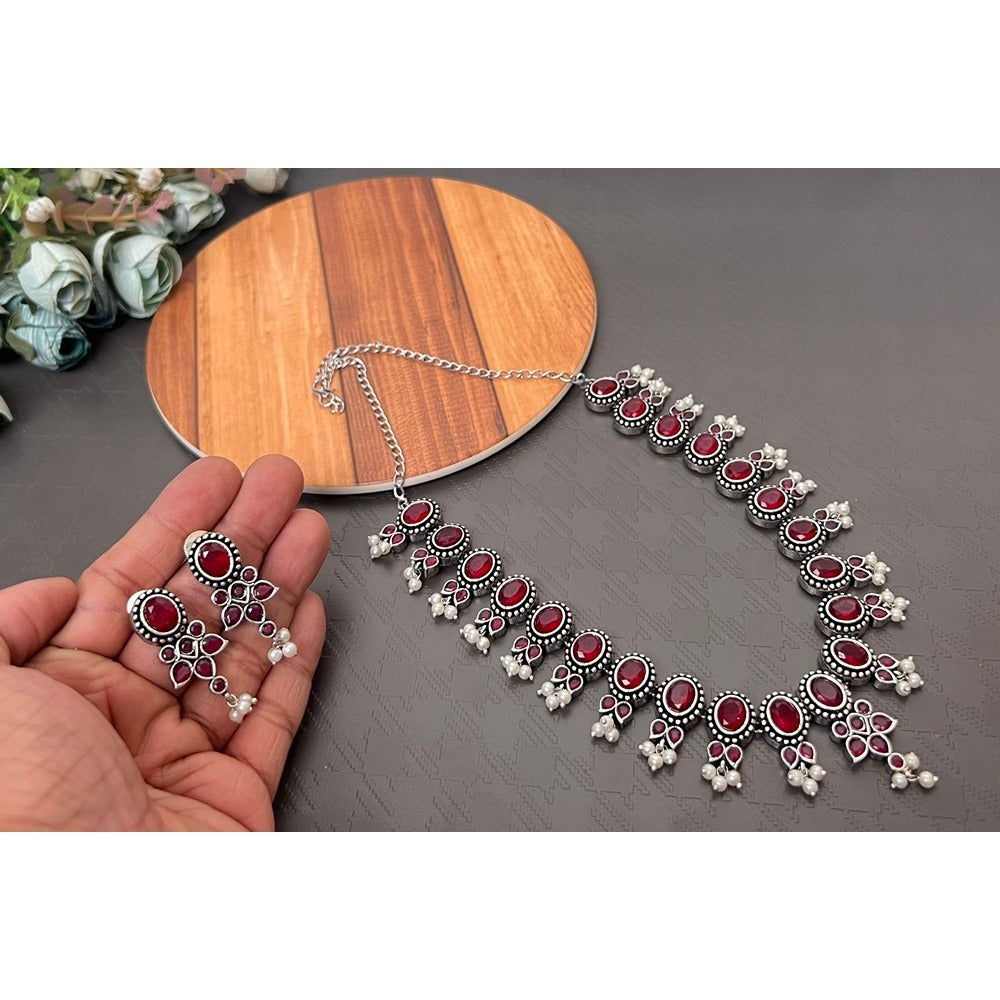 Akruti Collection Oxidised Plated Pota Stone Necklace Set