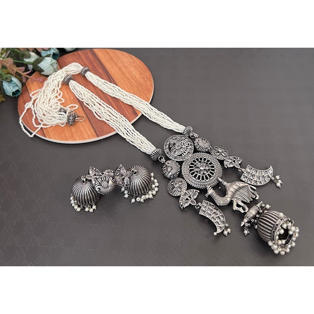 Akruti Collection Oxidised Plated Pota Stone Long Necklace Set
