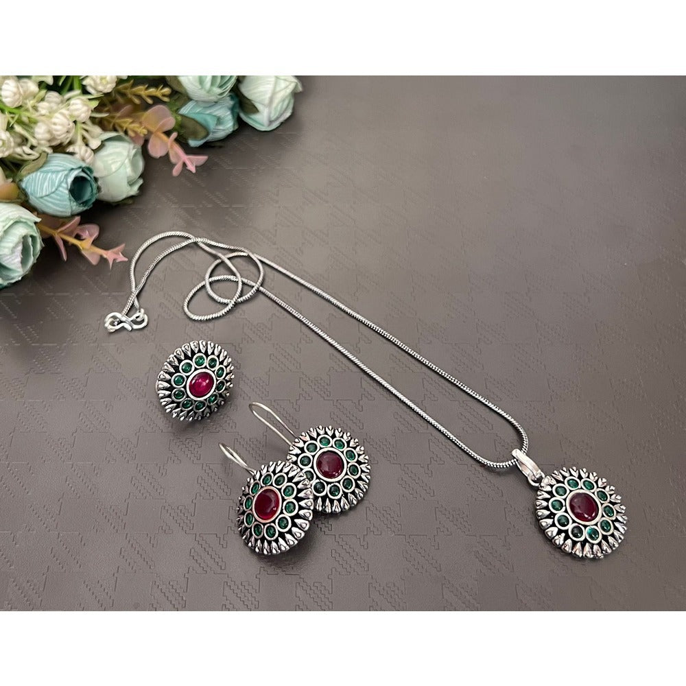 Akruti Collection Oxidised Plated Pota Stone Chain Pendant Set