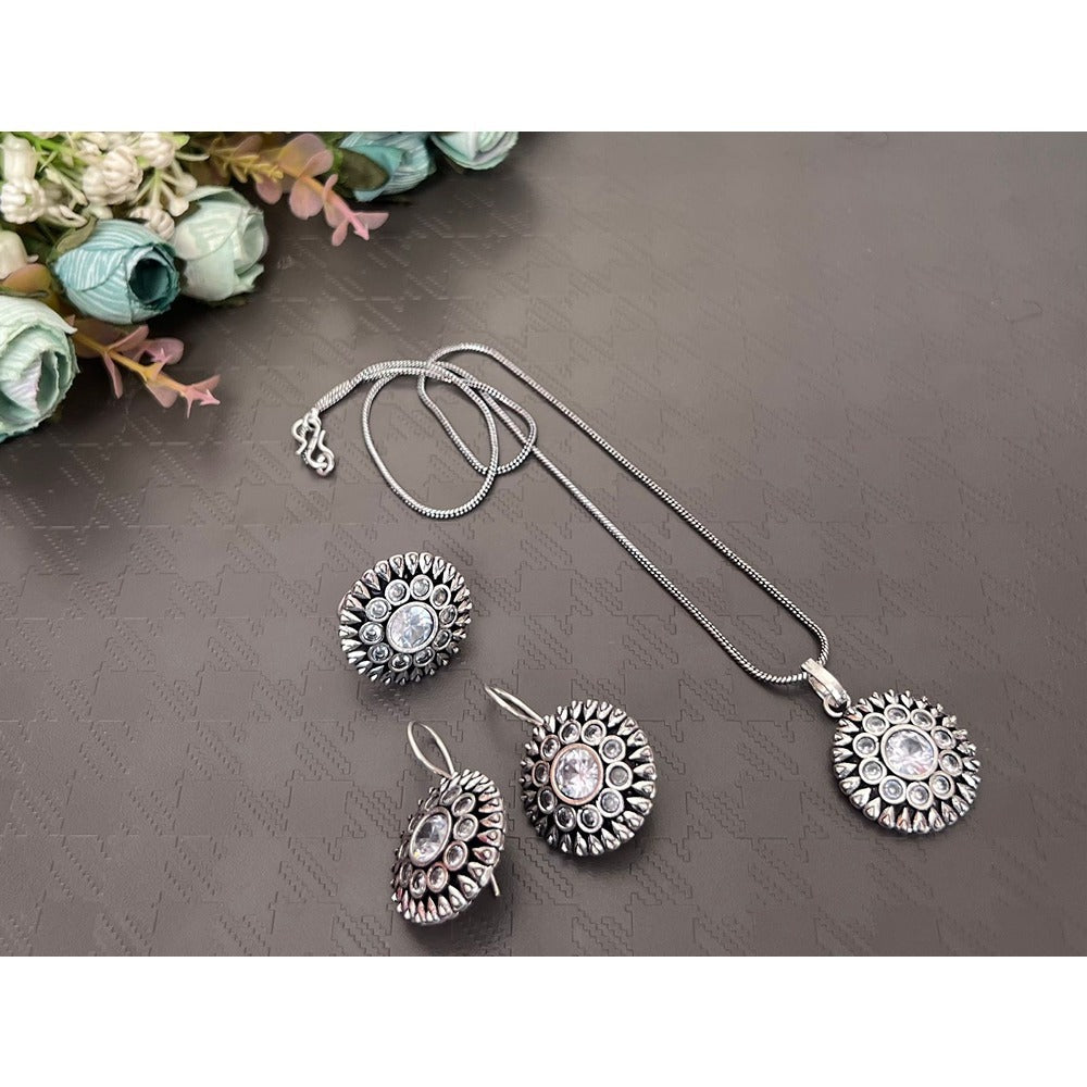 Akruti Collection Oxidised Plated Pota Stone Chain Pendant Set