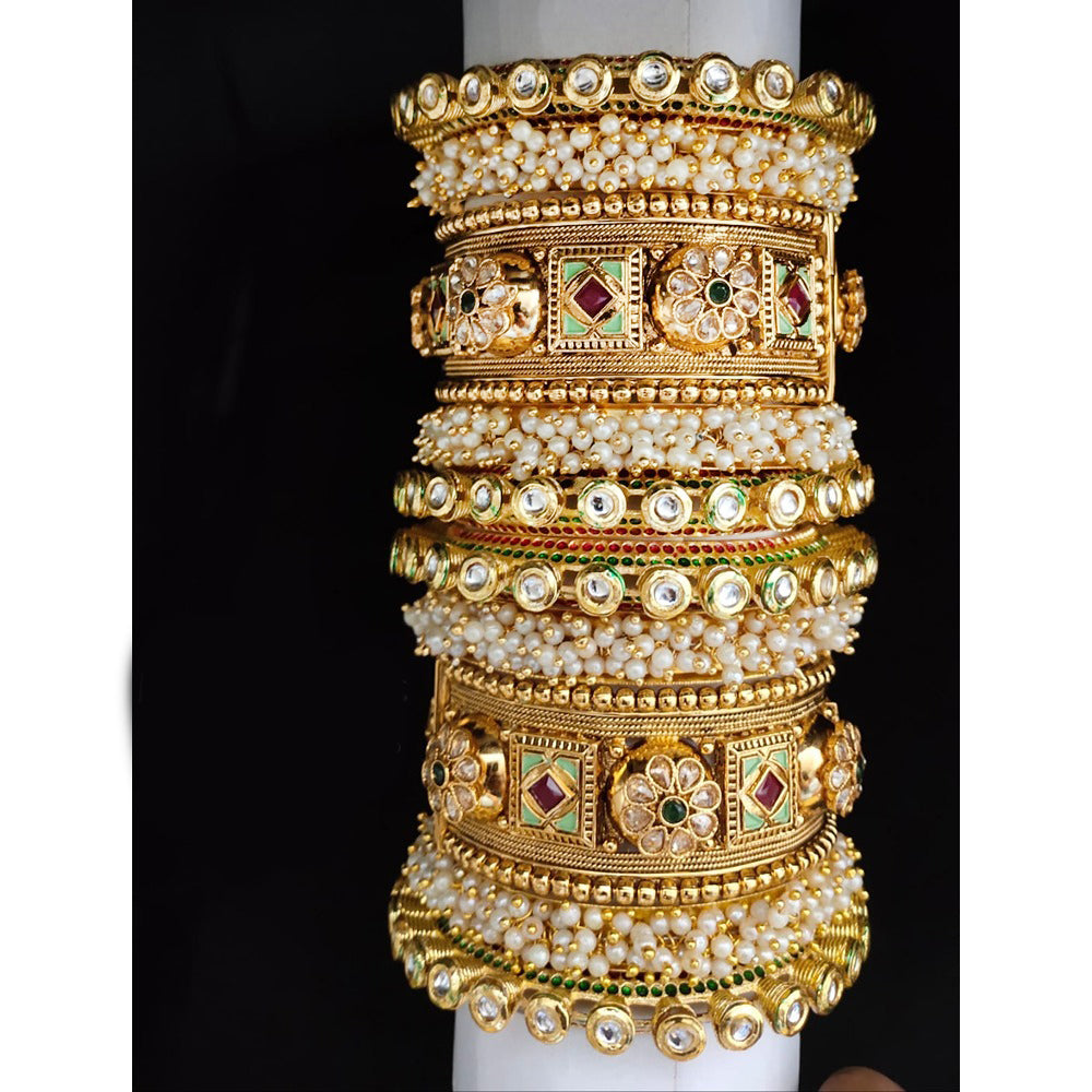 Akruti Collection Gold Plated Pearl And Kundan Bangle Set