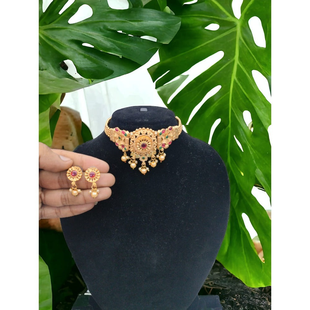 Akruti Collection Gold Plated Kundan Meenakari Choker Necklace Set