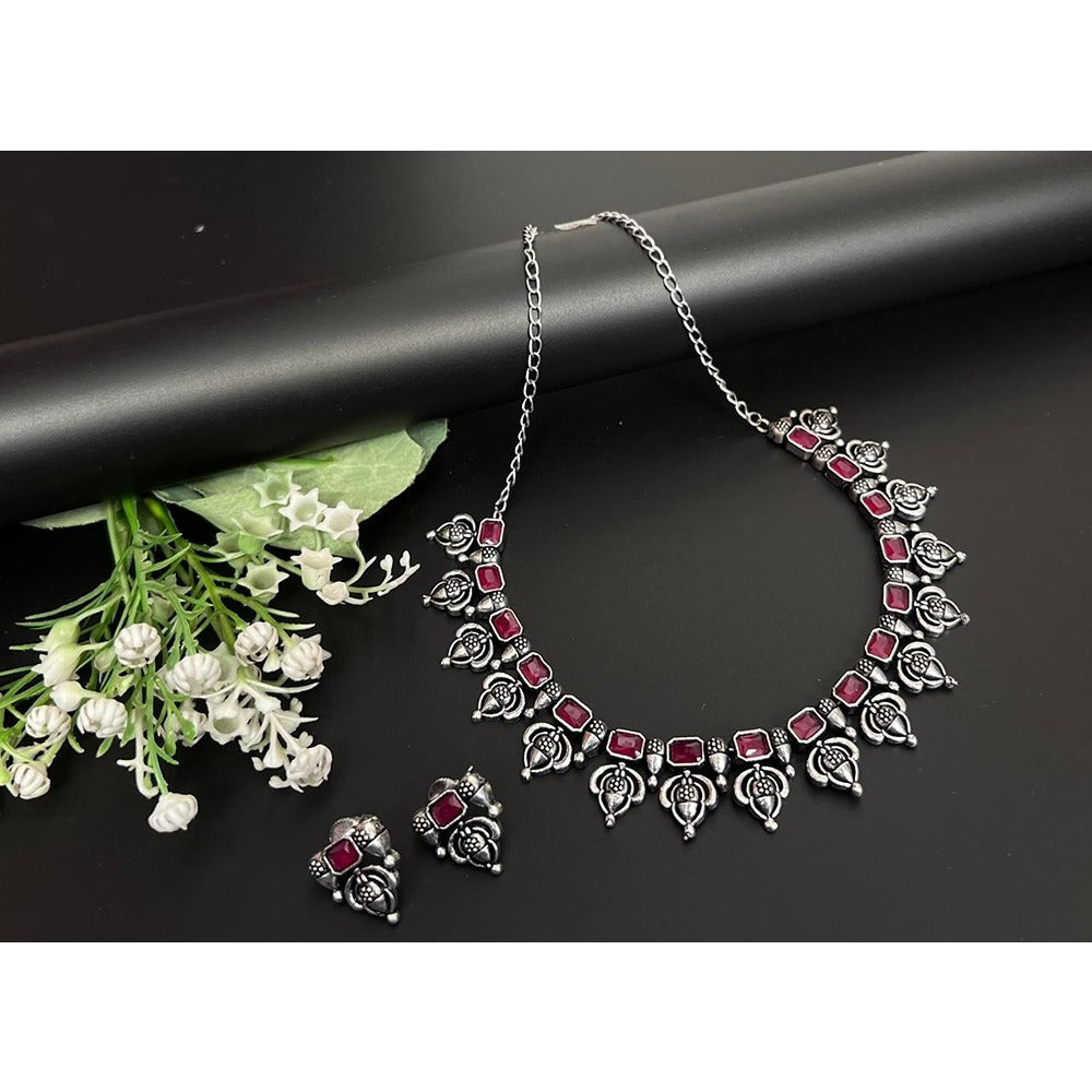 Akruti Collection Oxidised Plated Pota Stone Necklace Set