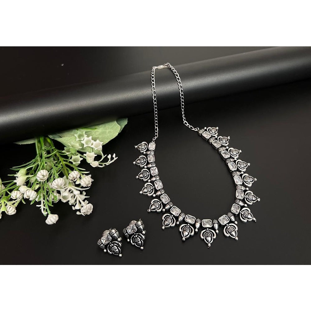 Akruti Collection Oxidised Plated Pota Stone Necklace Set