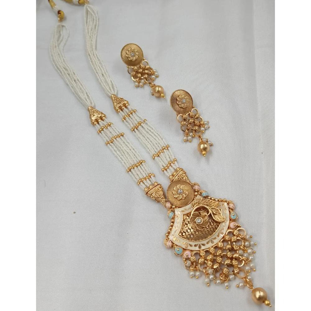 Akruti Collection Gold Plated Pota Stone And Pearls Long Necklace Set