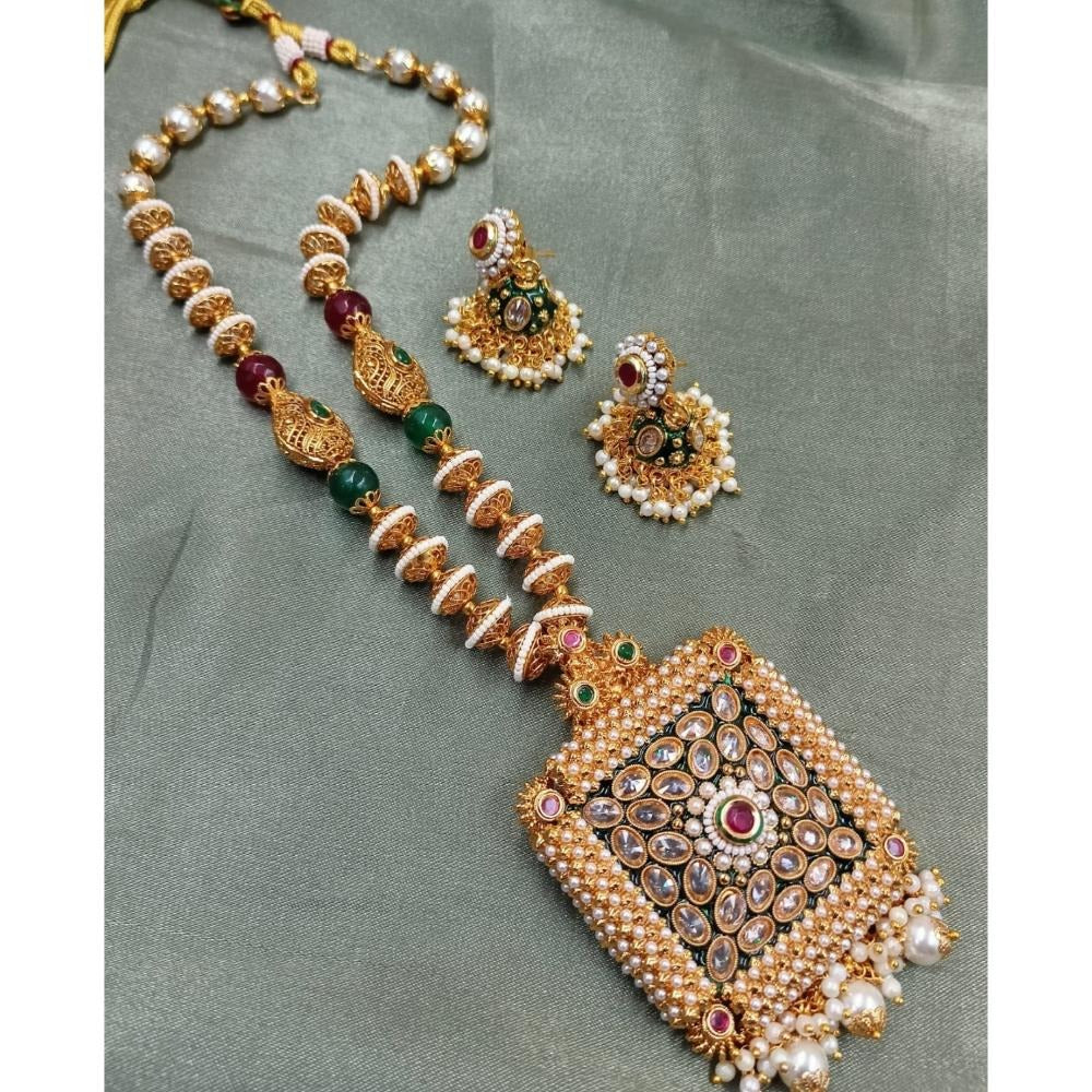 Akruti Collection Gold Plated Crystal Stone Pearls Long Necklace Set