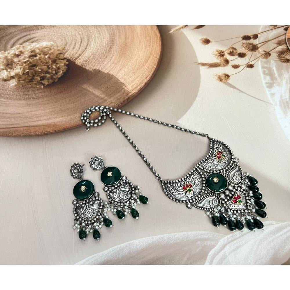 Akruti Collection Oxidised Plated Pota Stone Necklace Set