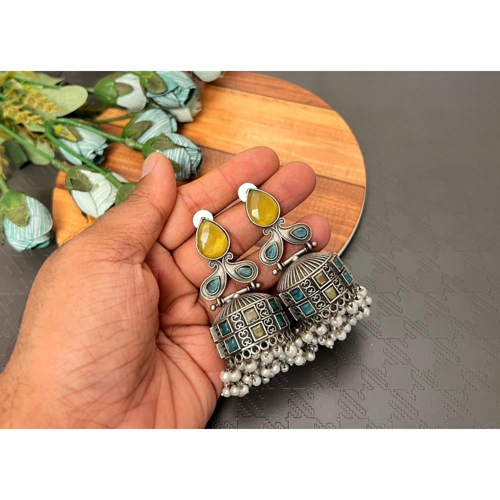 Akruti Collection Oxidised Plated Pota Stone Jhumki Earrings