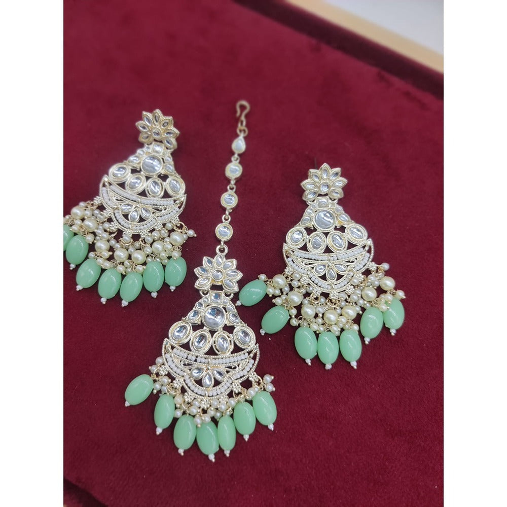 Akruti Collection Gold Plated Kundan Stone And Pearls Earrings With Maangtikka