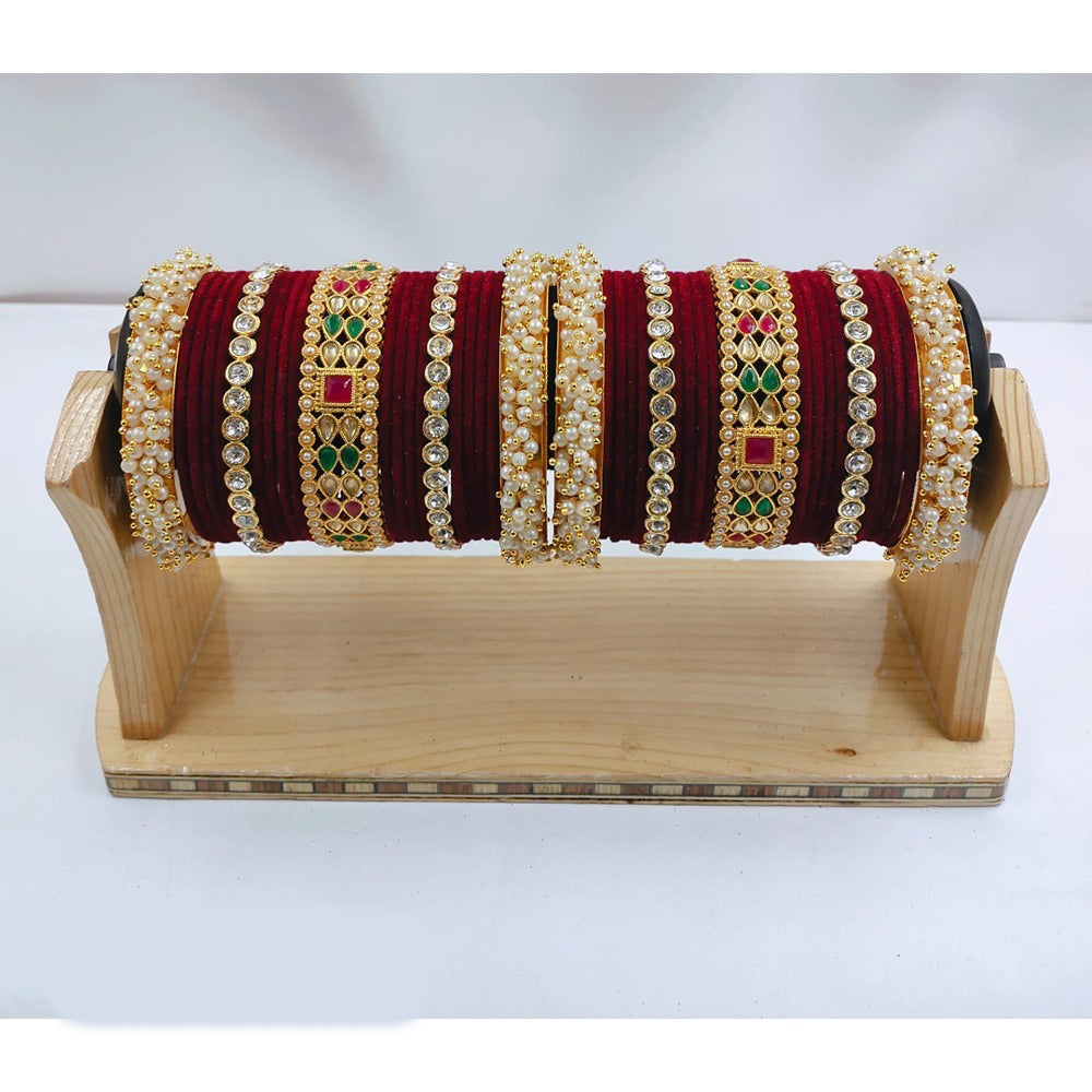Akruti Collection Gold Plated Kundan Stone & Pearls Velvet Bangles Set