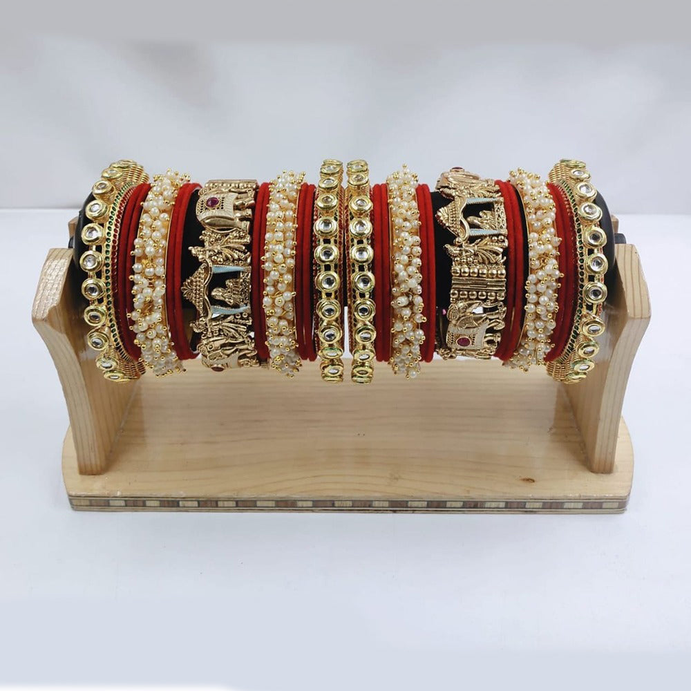 Akruti Collection Gold Plated Kundan Stone And Pearl Meenakari Bangles Set