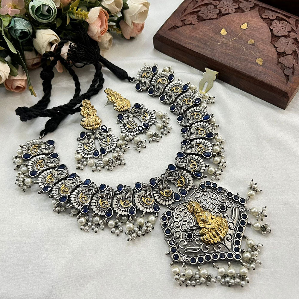 Akruti Collection  2Tone Plated Pota Stone Temple Necklace Set