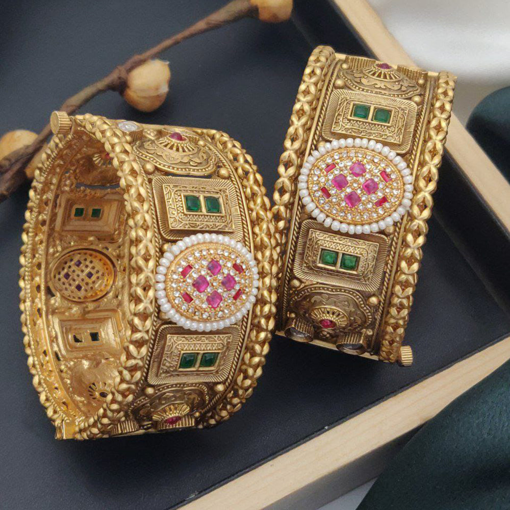 Akruti Collection Gold Plated Pota Stone And Pearls Openable Bangle Set