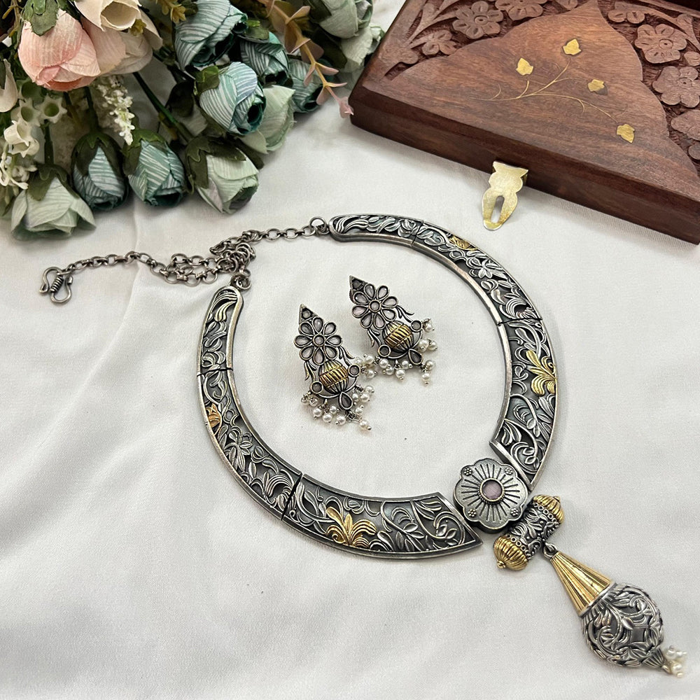 Akruti Collection 2 Tone Plated Pota Stone Necklace Set