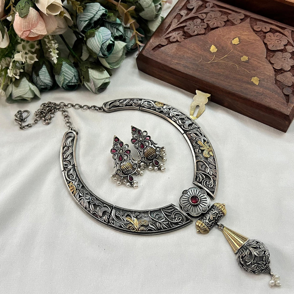 Akruti Collection 2 Tone Plated Pota Stone Necklace Set