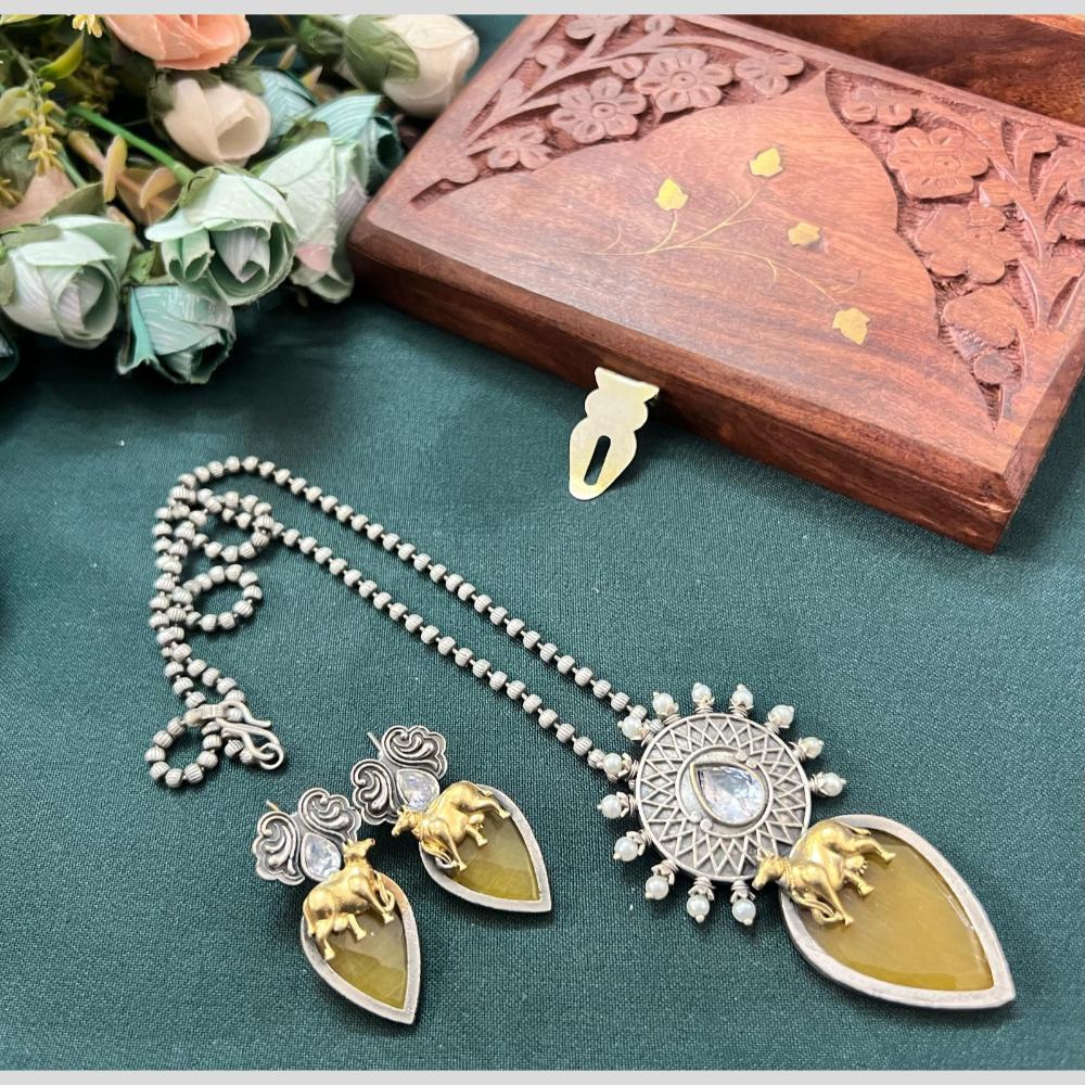 Akruti Collection 2 Tone Plated Pota Stone Long Necklace Set