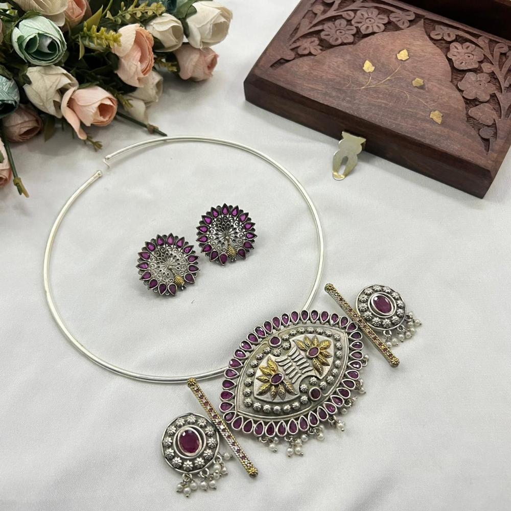 Akruti Collection 2 Tone Plated Pota Stone Necklace Set