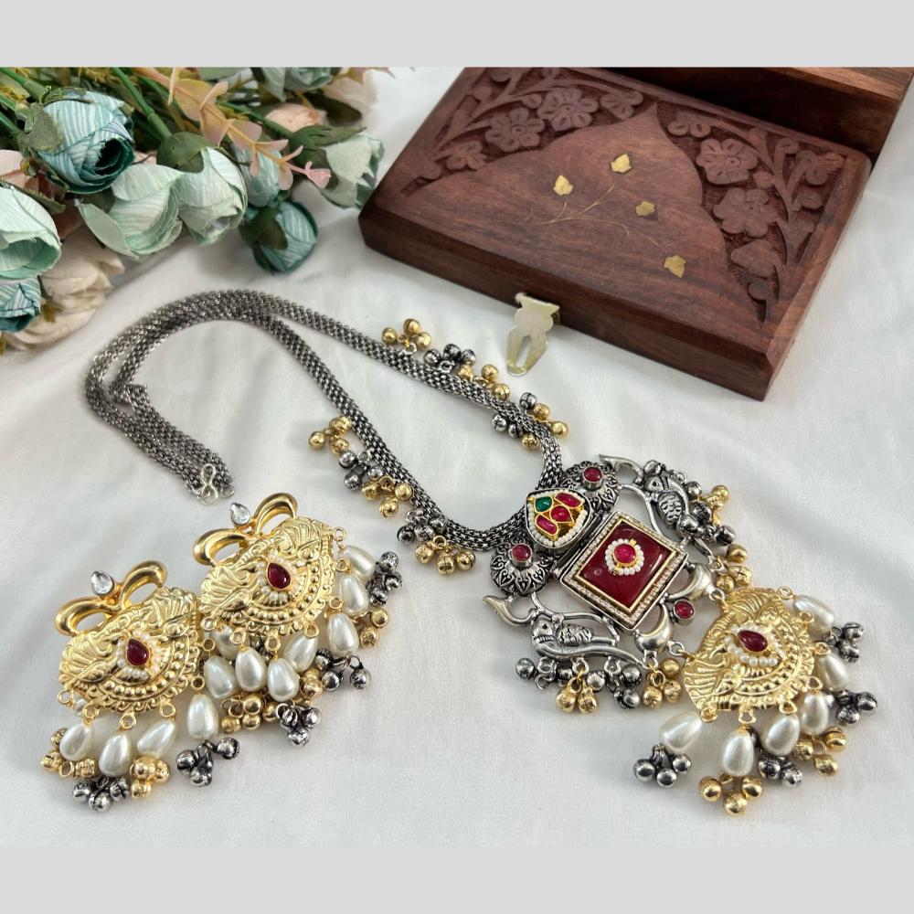 Akruti Collection 2 Tone Plated Pota Stone Long Necklace Set