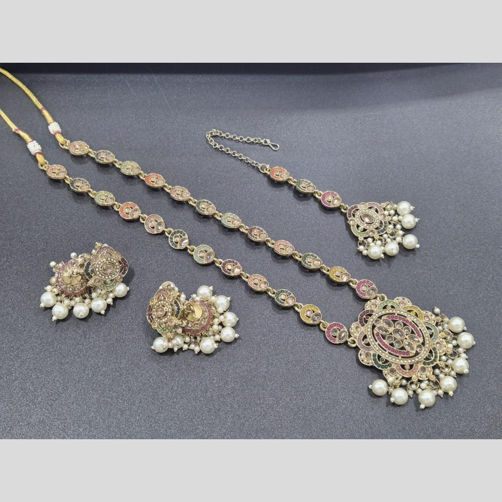 Akruti Collection Gold Plated Crystal Stone And Pearls Long Necklace Set