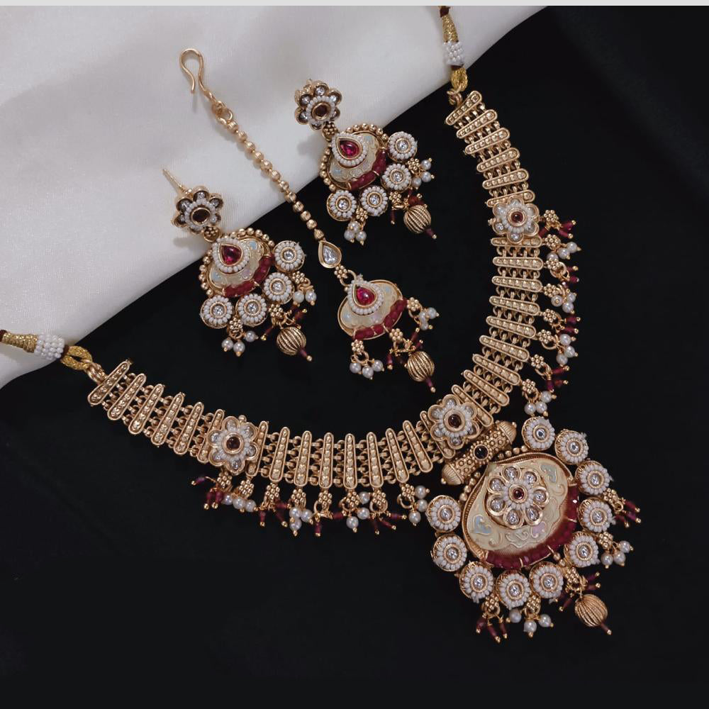 Akruti Collection Gold Plated Pota Stone And Pearls Meenakari Necklace Set