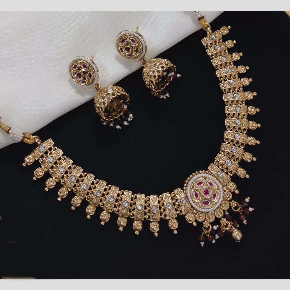Akruti Collection Gold Plated Pota Stone And Pearls Necklace Set