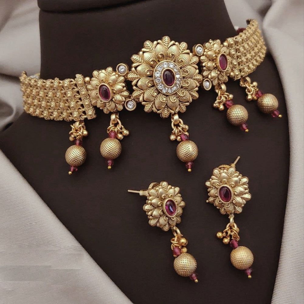 Akruti Collection Gold Plated Pota Stone Necklace Set