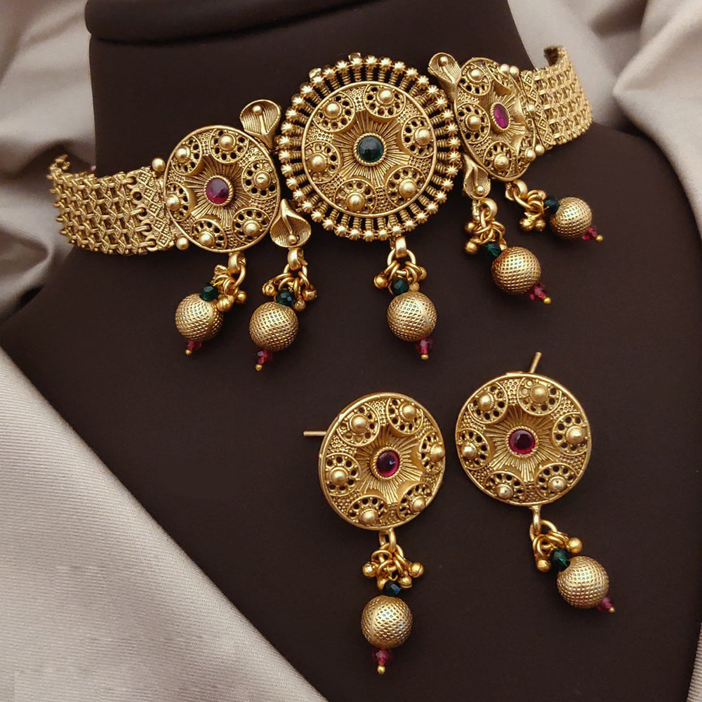 Akruti Collection Traditional Gold Finish Pota And Pearl Choker Necklace Set