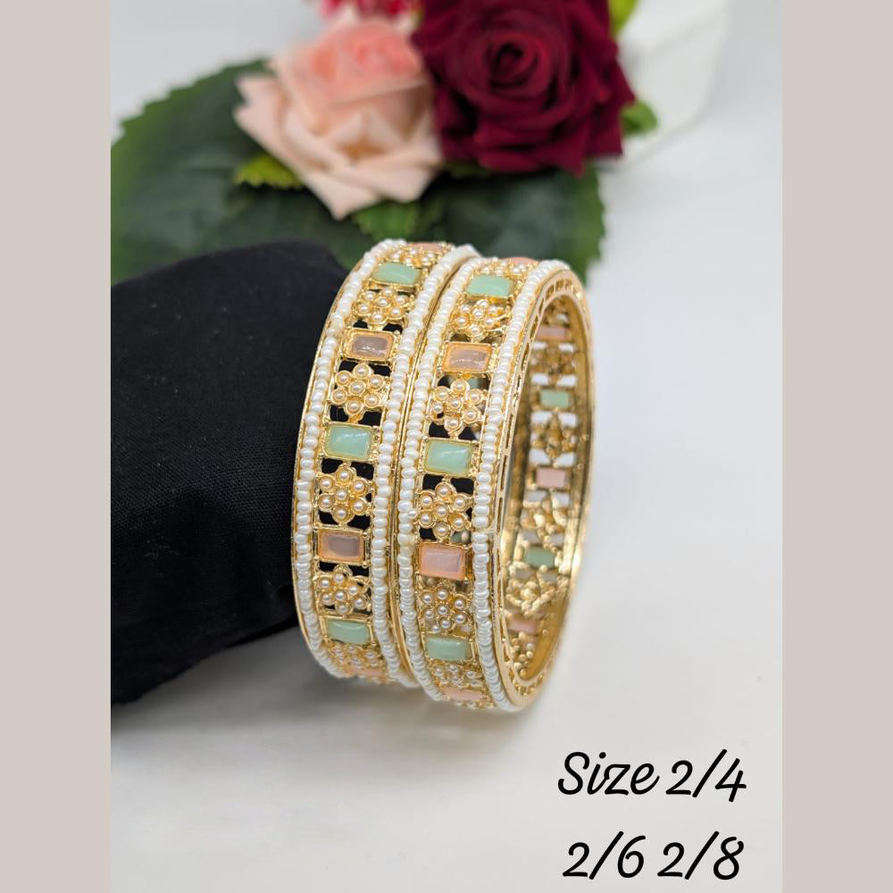 Akruti Collection Gold Plated Pota Stone And Pearl Bangle Set